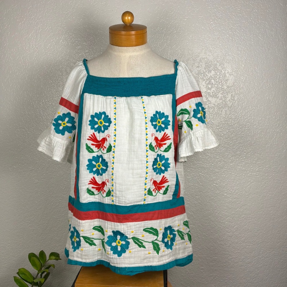 Seen Worn Kept Blouse Womens 10 White Good Embroidered Floral Bird Peasant Top